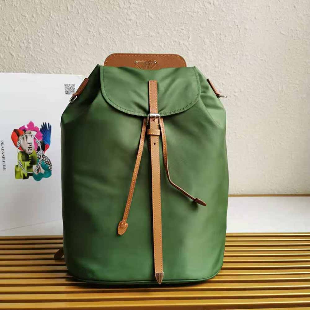 Close-up of saffiano leather detail on Prada Women Nylon and Saffiano Leather Backpack-Green