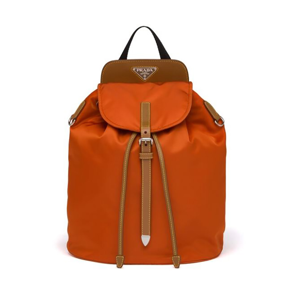 Front view of Prada Women Nylon and Saffiano Leather Backpack-Orange