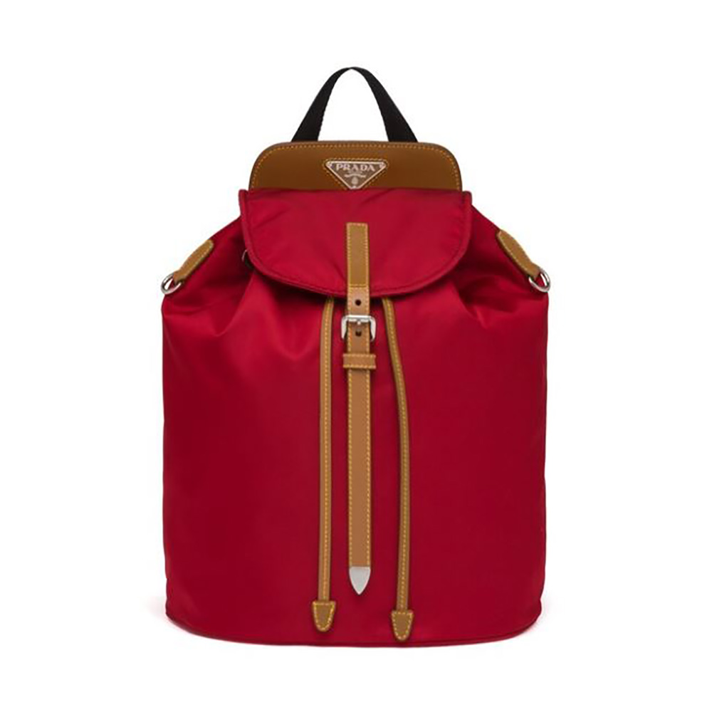 Front view of Prada Women Nylon and Saffiano Leather Backpack-Red