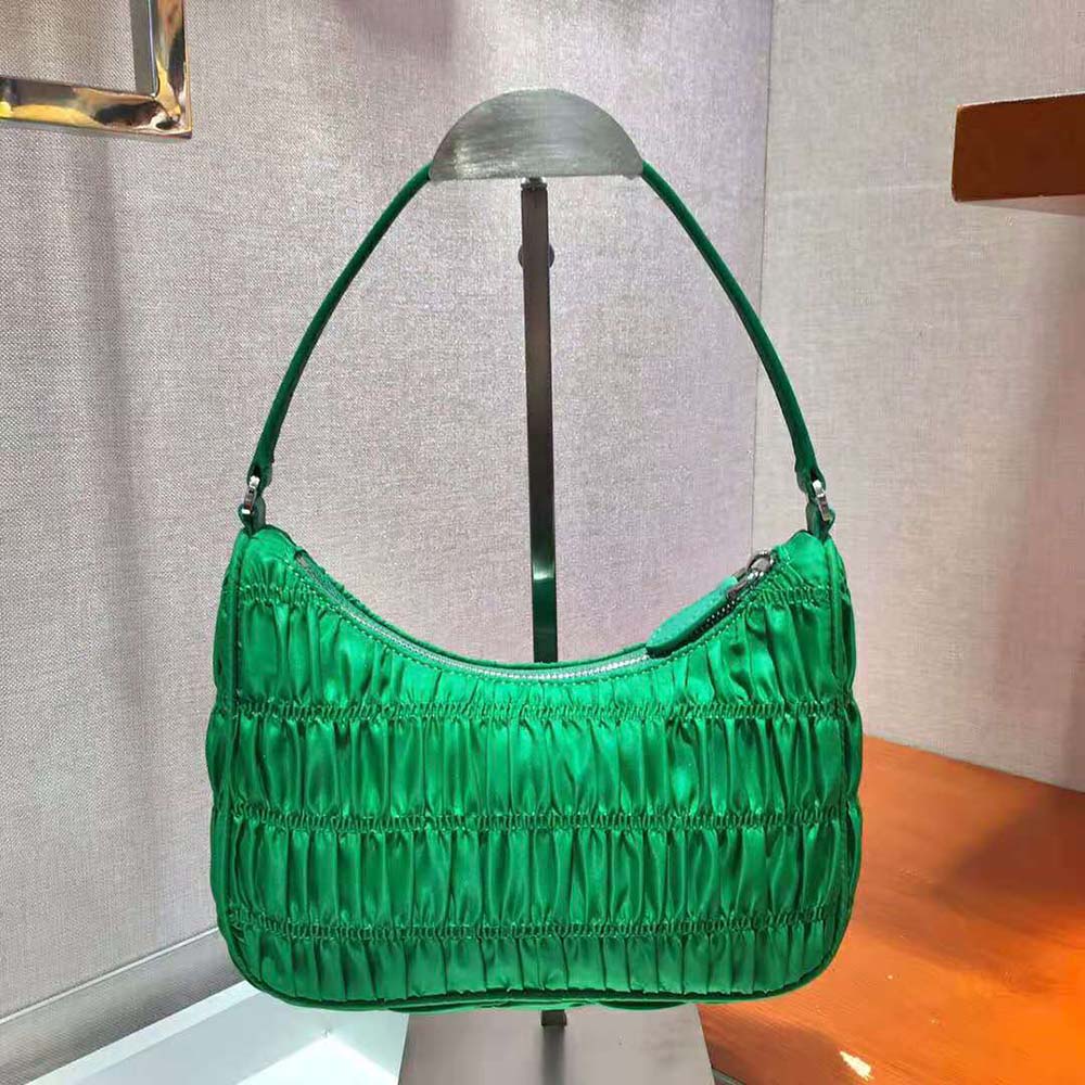 Side angle showing zip closure on Prada Women Nylon and Saffiano Leather Mini Bag-Green
