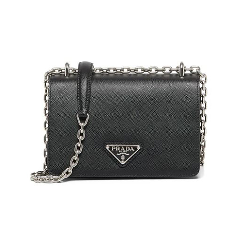 Front view of Prada Women Nylon and Saffiano Leather Shoulder Bag-Black