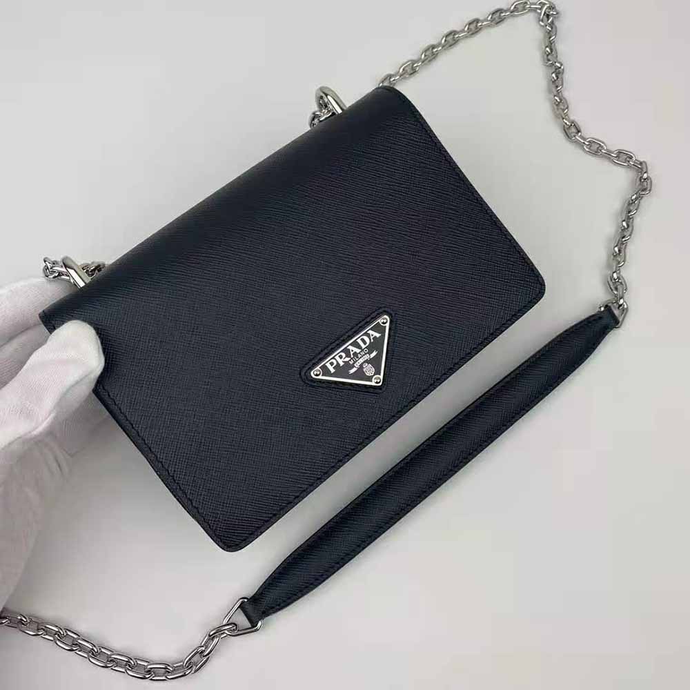 Side angle showing strap and zipper of Prada Women Nylon and Saffiano Leather Shoulder Bag-Black