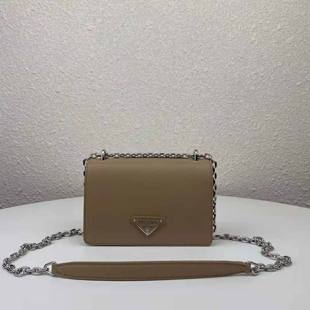 Close-up of pink nylon and Saffiano leather details on Prada bag