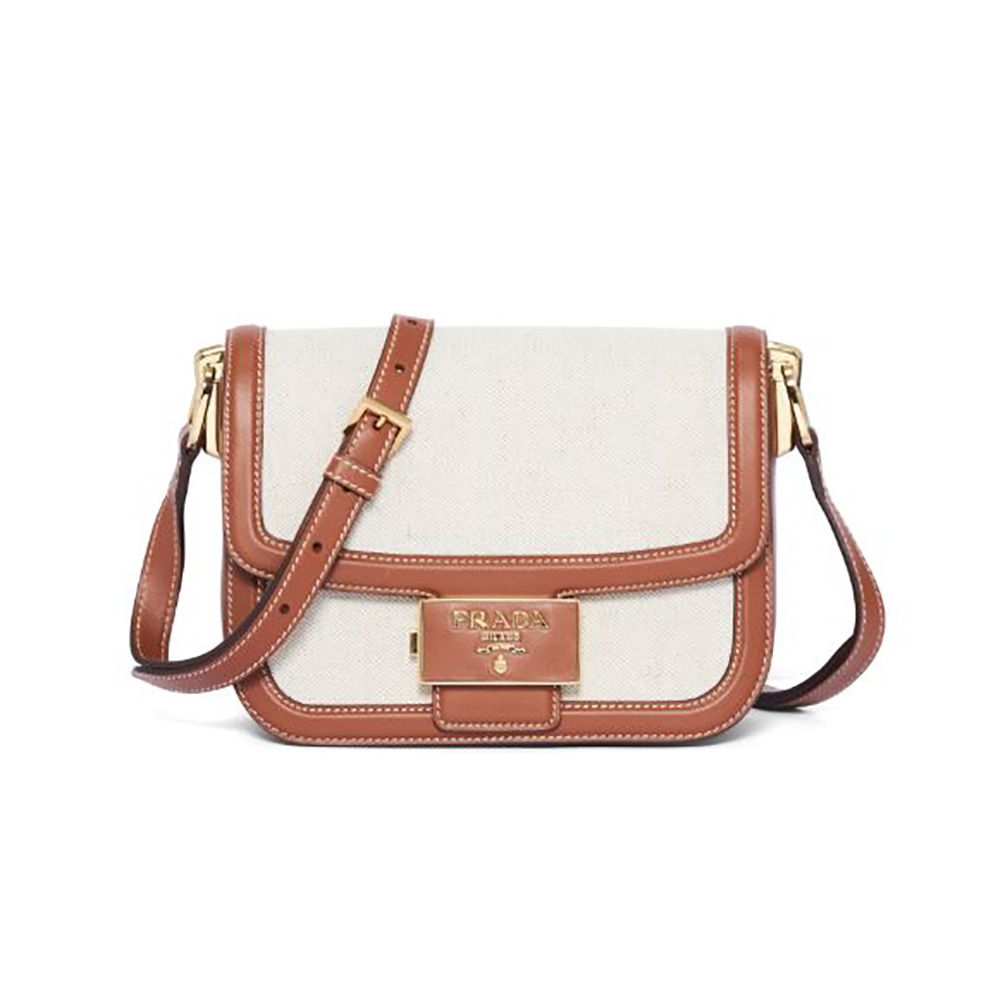 Front view of Prada Women Prada Embleme Bag in linen blend brown