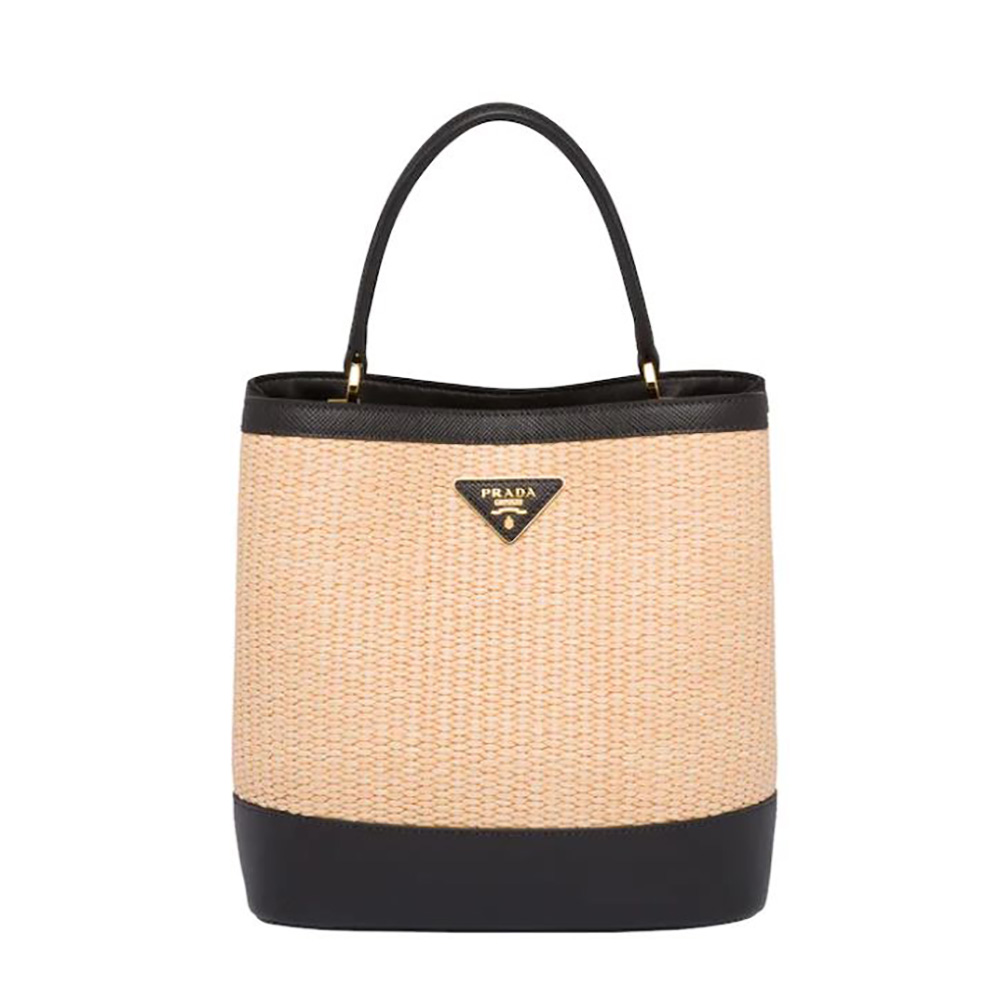 Front view of Prada Women Prada Panier Medium Straw Bag-Black with leather trim
