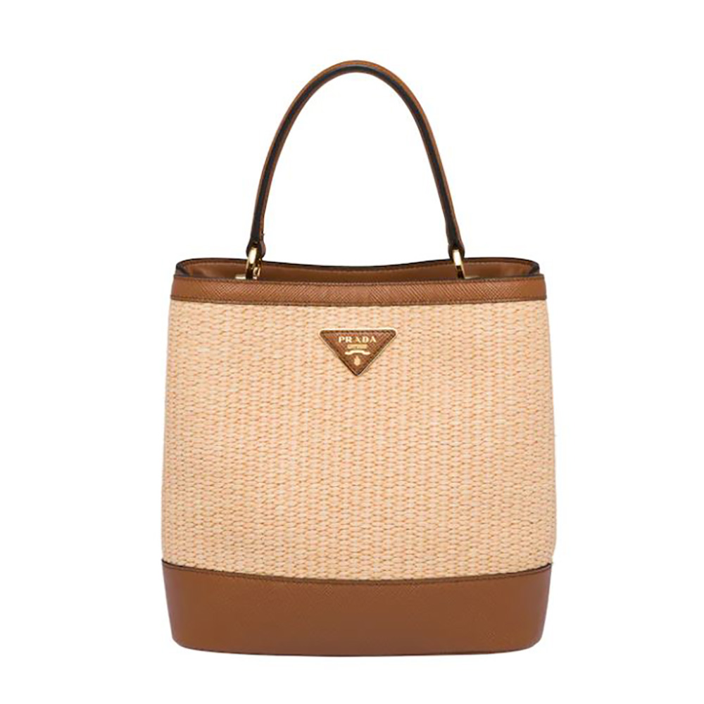 Front view of Prada Women Prada Panier Medium Straw Bag-Brown
