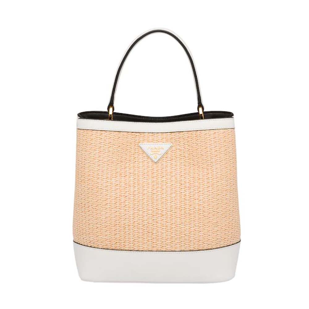 Front view of Prada Women Prada Panier Medium Straw Bag-White with logo