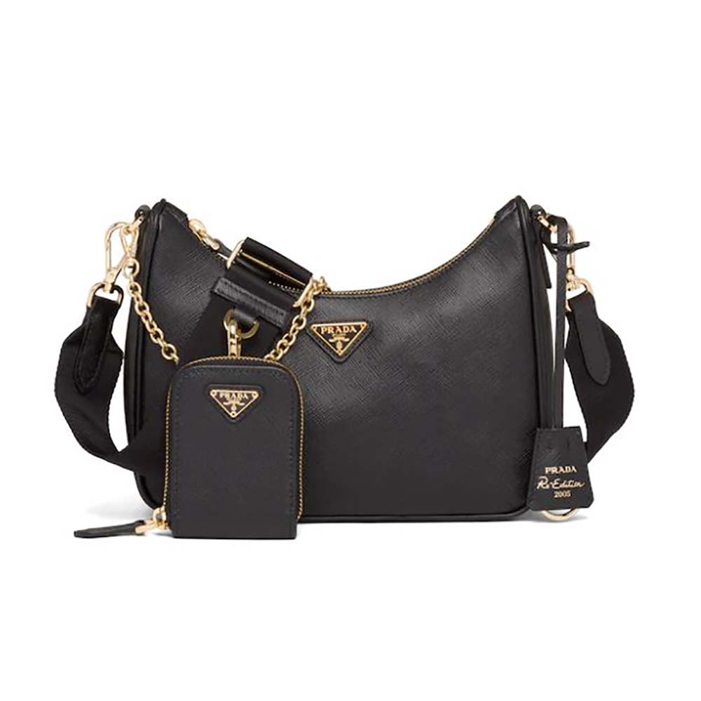 Front view of Prada Women Prada Re-Edition 2005 Saffiano Leather Bag-Black