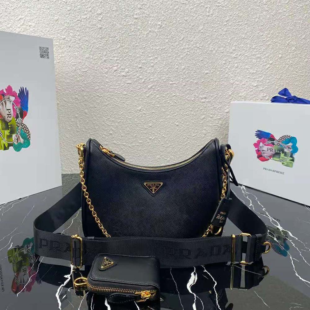 Close-up of black saffiano leather and triangular Prada logo detail