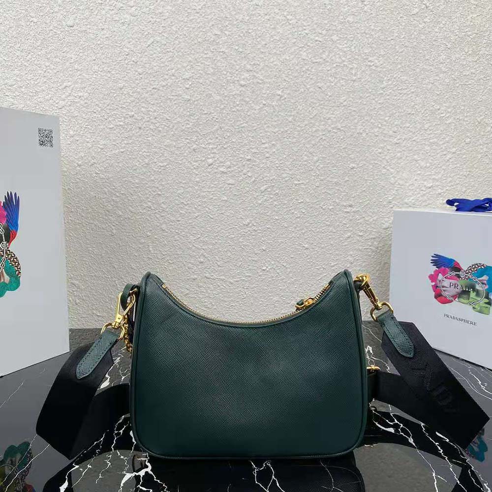 Side angle showing green saffiano leather texture on Prada Re-Edition 2005 bag