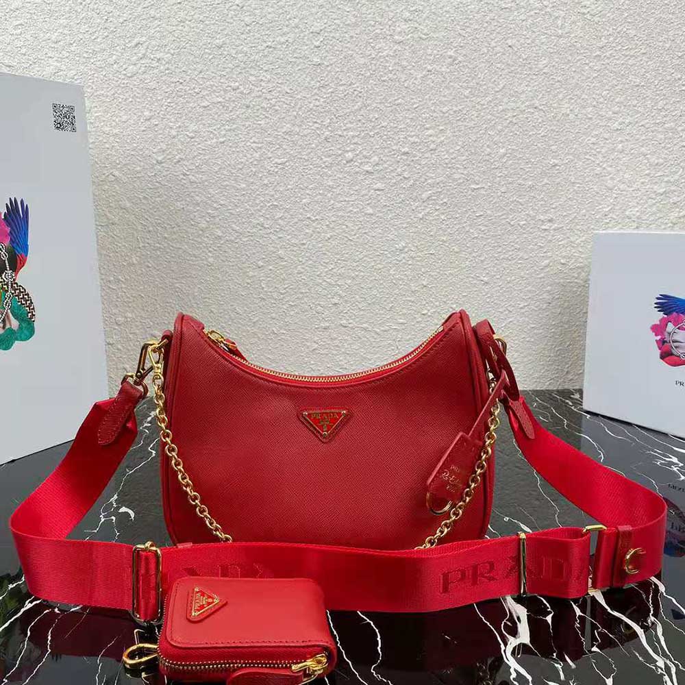 Close-up of red saffiano leather texture on Prada Re-Edition 2005 bag