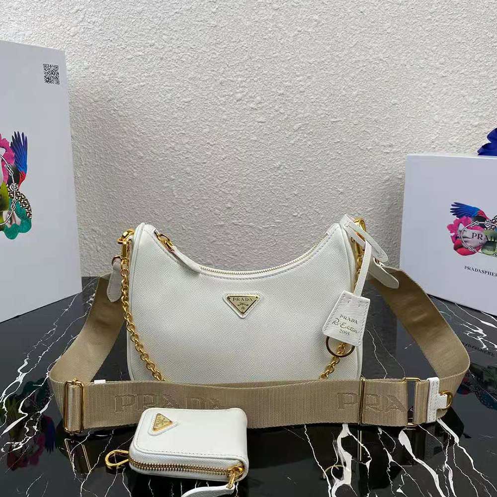 Close-up of white saffiano leather texture and Prada logo detail