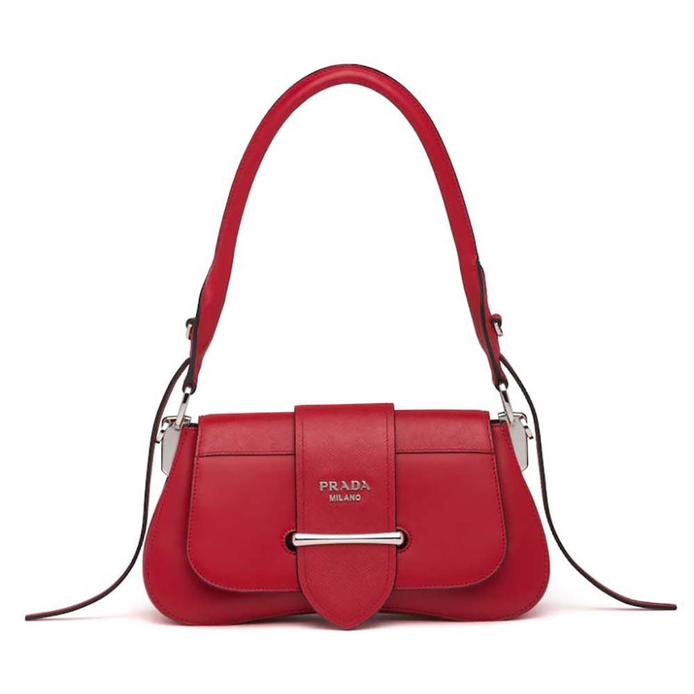 Front view of Prada Women Prada Sidonie Shoulder Bag-Red with gold clasp