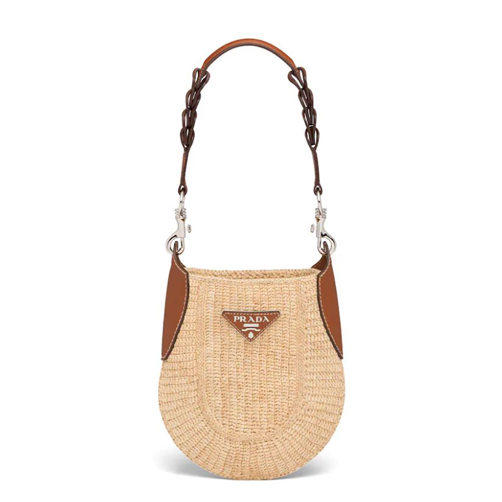 Front view of Prada Women Raffia and Leather Bag in brown