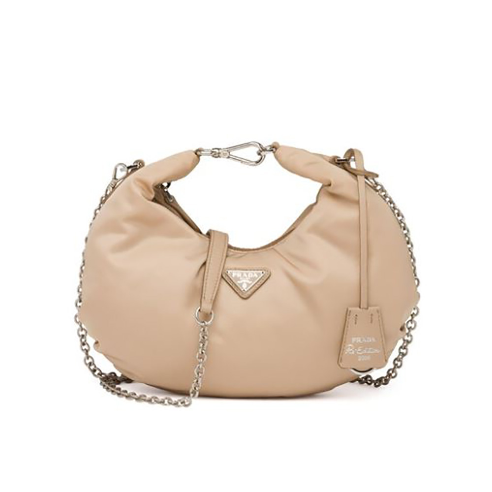 Front view of Prada Women Re-Edition 2006 Nylon Bag-Sandy with zip closed