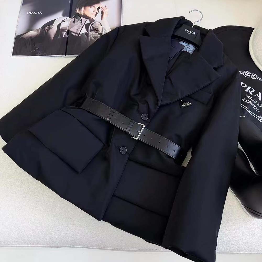 Side angle showing relaxed fit of Prada Women Re-Nylon Gabardine Puffer Jacket-Black