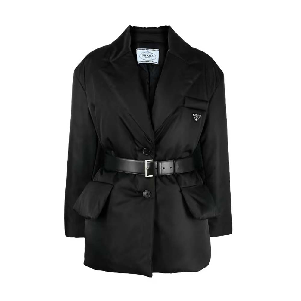 Front view of Prada Women Re-Nylon Gabardine Puffer Jacket-Black on model