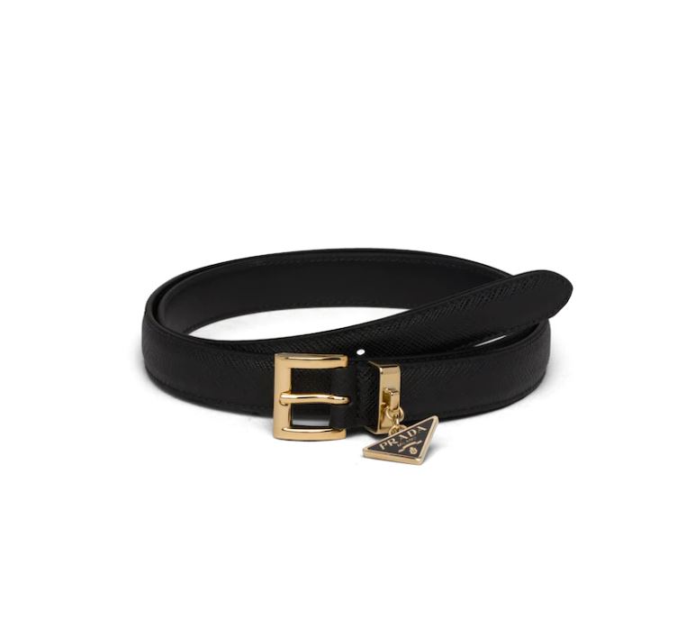 Front view of Prada Women Saffiano Leather Belt-Black with silver buckle