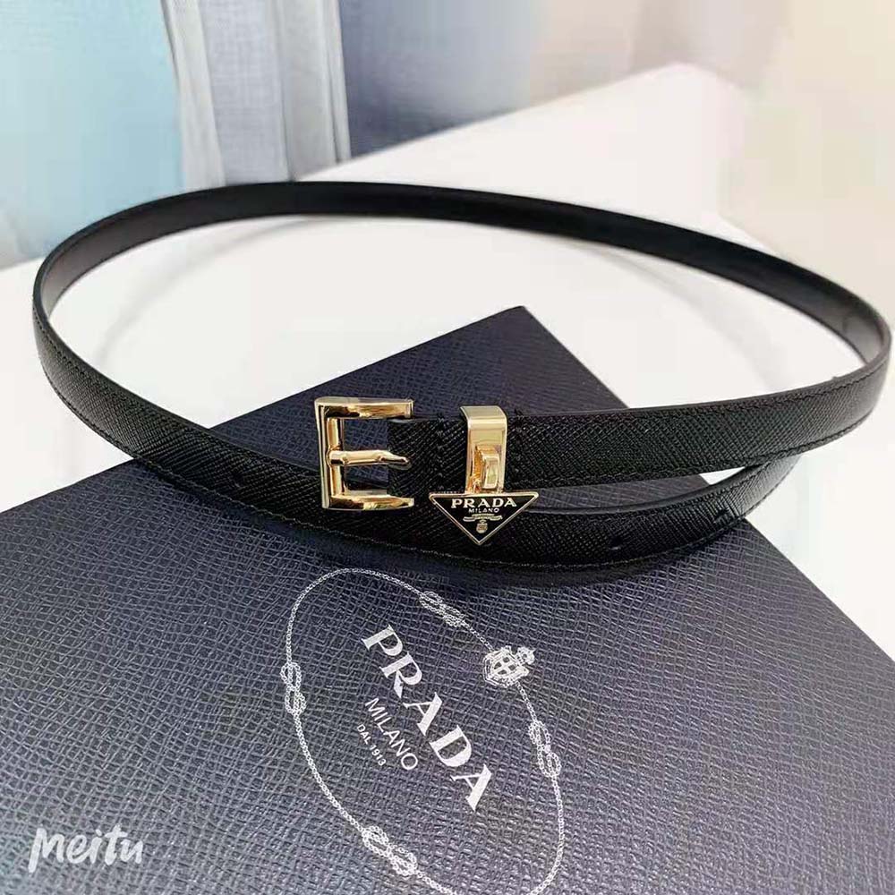 Side angle showing adjustable buckle on Prada Women Saffiano Leather Belt-Black