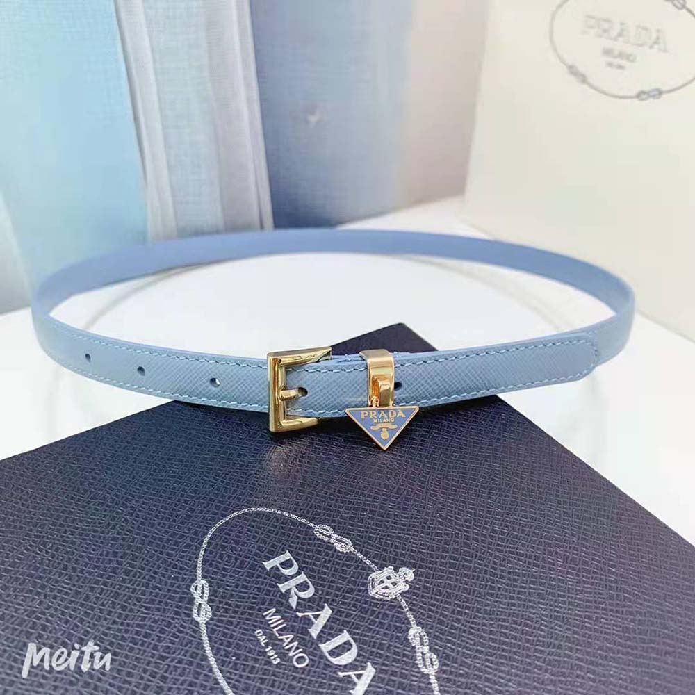 Close-up of textured saffiano leather on Prada Women Saffiano Leather Belt-Blue