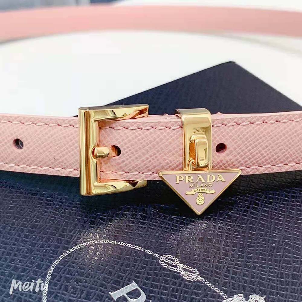 Side angle showing adjustable buckle on Prada Women Saffiano Leather Belt-Pink