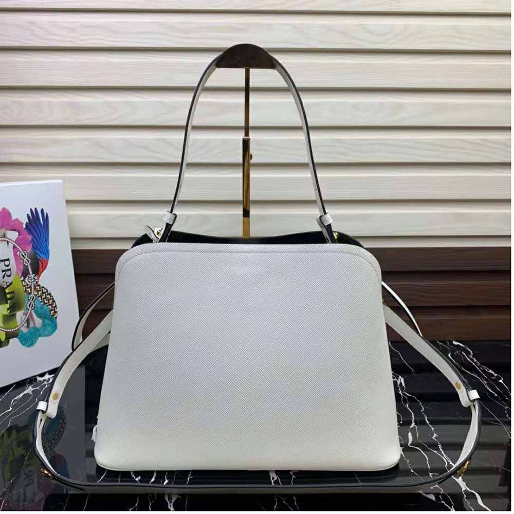 Side angle showing structured silhouette of Prada Matinee Bag-White