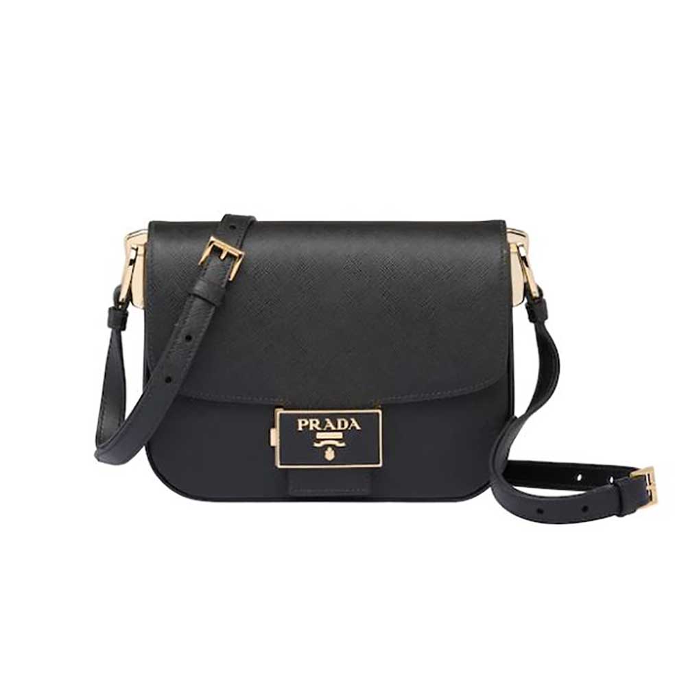 Front view of Prada Women Saffiano Leather Prada Embleme Bag-Black showing zip closure