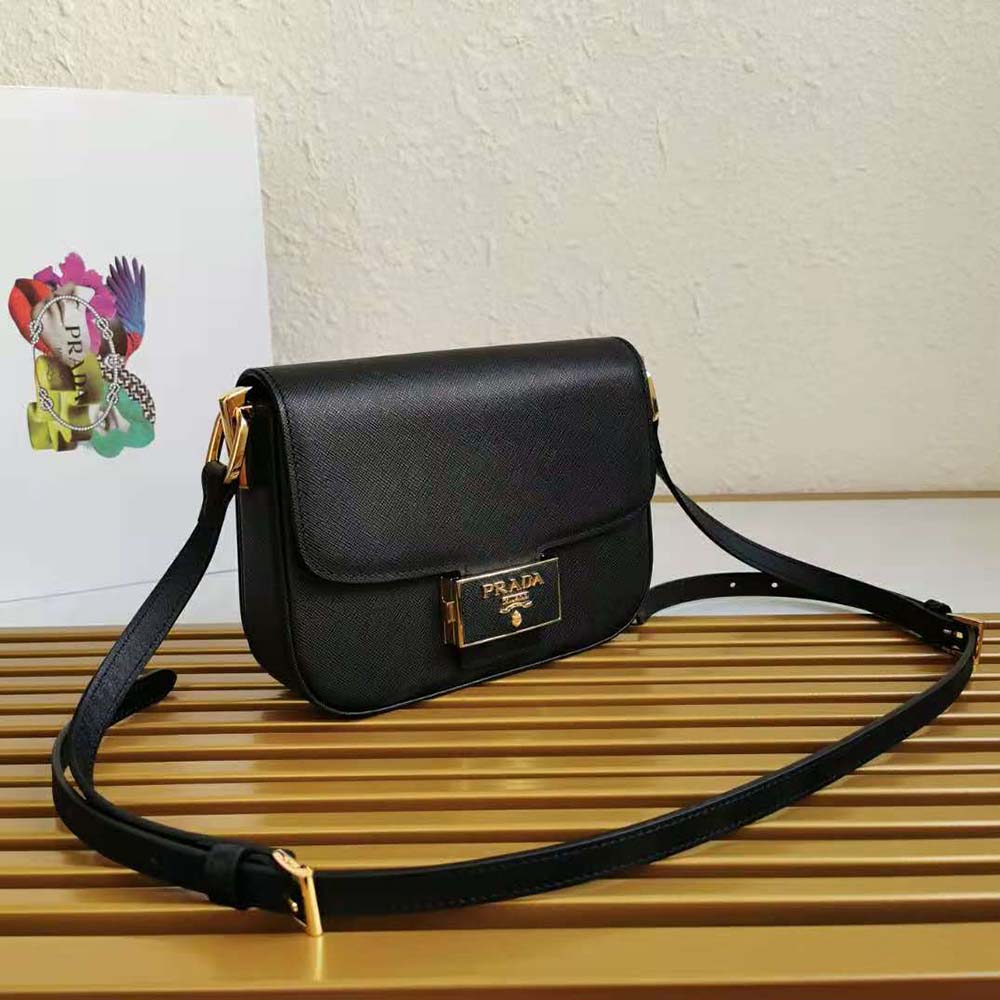 Side profile highlighting compact silhouette of Prada Women Saffiano Leather Prada Embleme Bag-Black