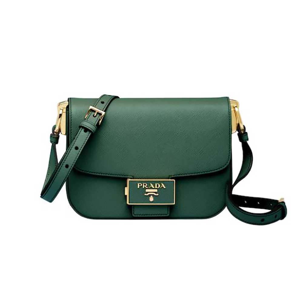 Front angle of Prada Women Saffiano Leather Prada Embleme Bag-Green showing emblem