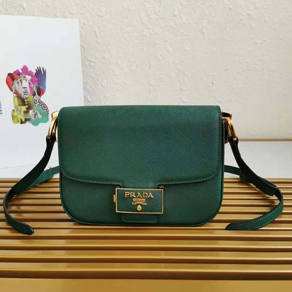 Close-up of green saffiano leather texture on Prada Women Prada Embleme Bag
