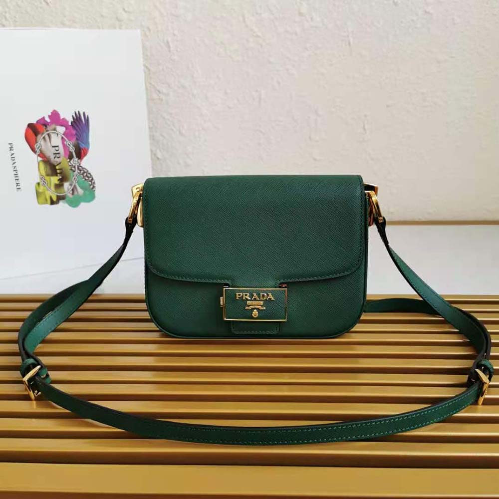Side view of Prada Women Saffiano Leather Prada Embleme Bag-Green with strap