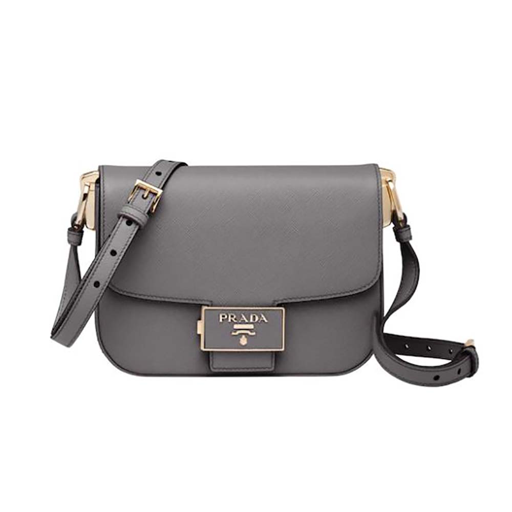 Front view of Prada Women Saffiano Leather Prada Embleme Bag-Gray showing silver hardware