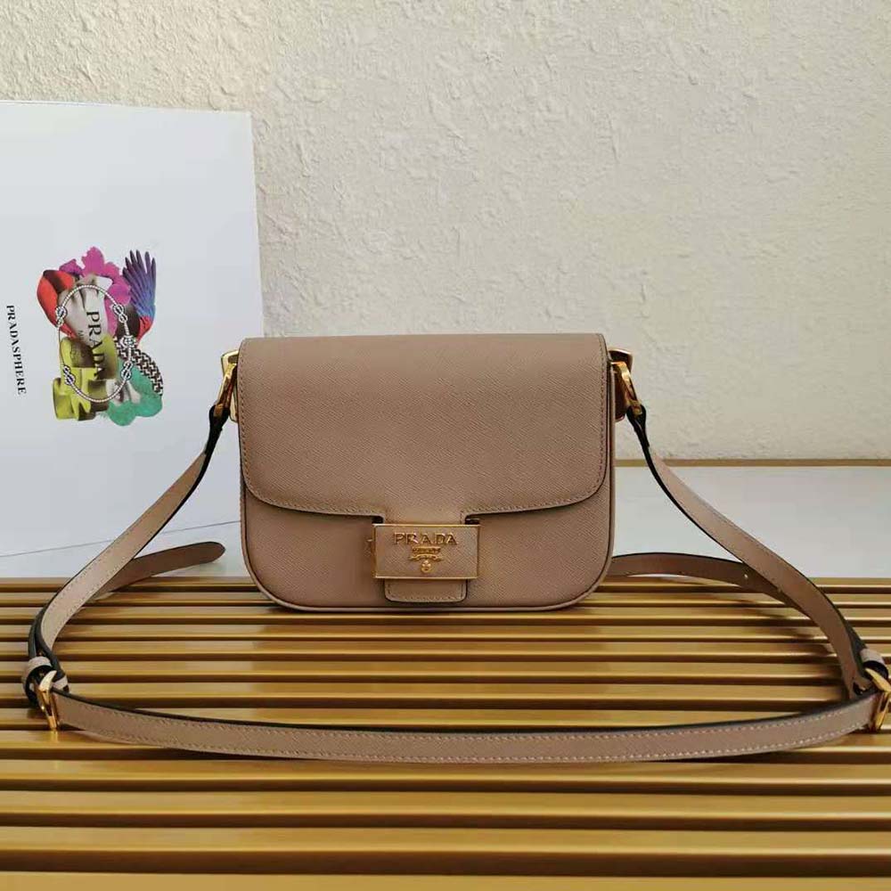 Side profile showing adjustable strap on Prada Women Saffiano Leather Prada Embleme Bag-Pink