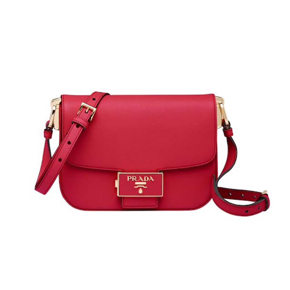 Front view of Prada Women Saffiano Leather Prada Embleme Bag-Red with emblem