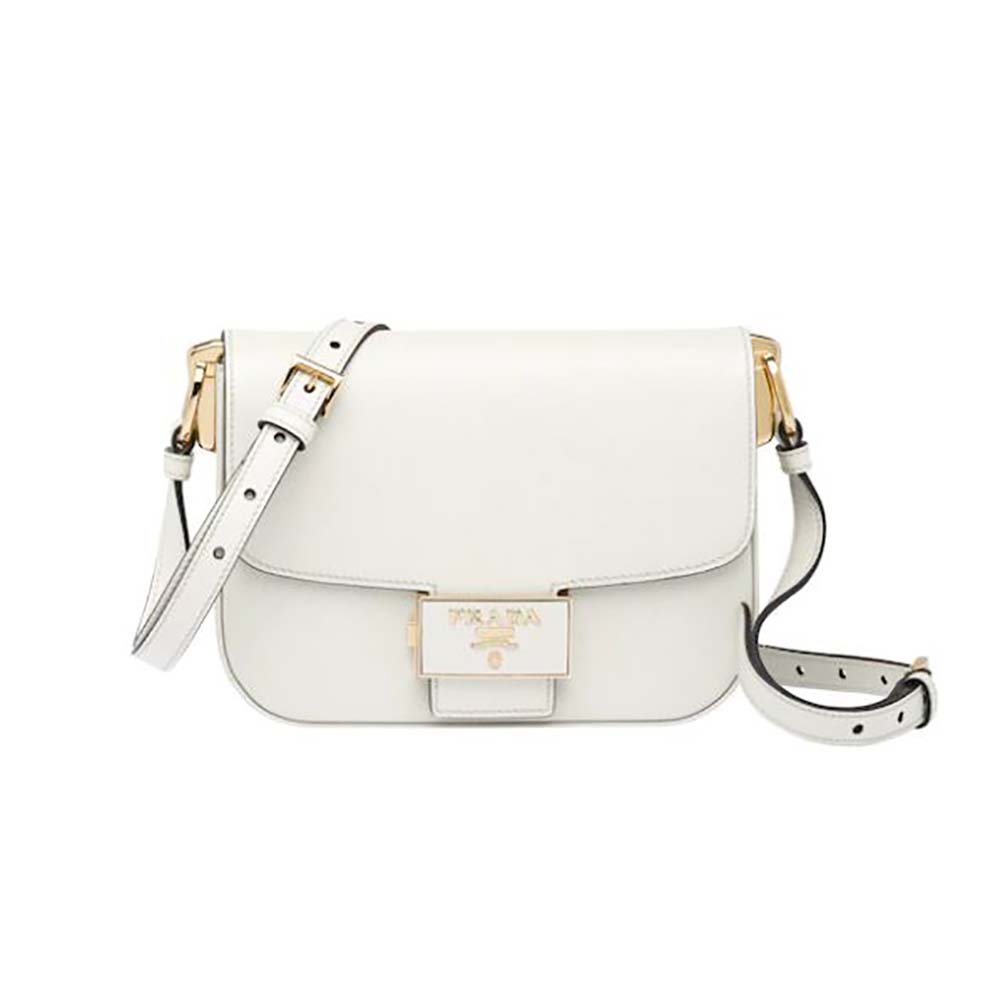 Front view of Prada Women Saffiano Leather Prada Embleme Bag-White