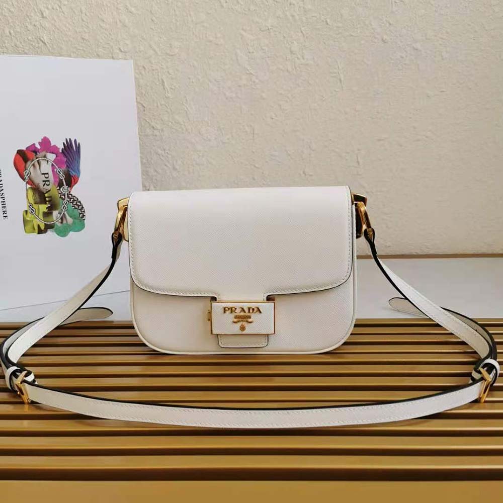 Side angle showing silhouette and strap of Prada Embleme Bag-White