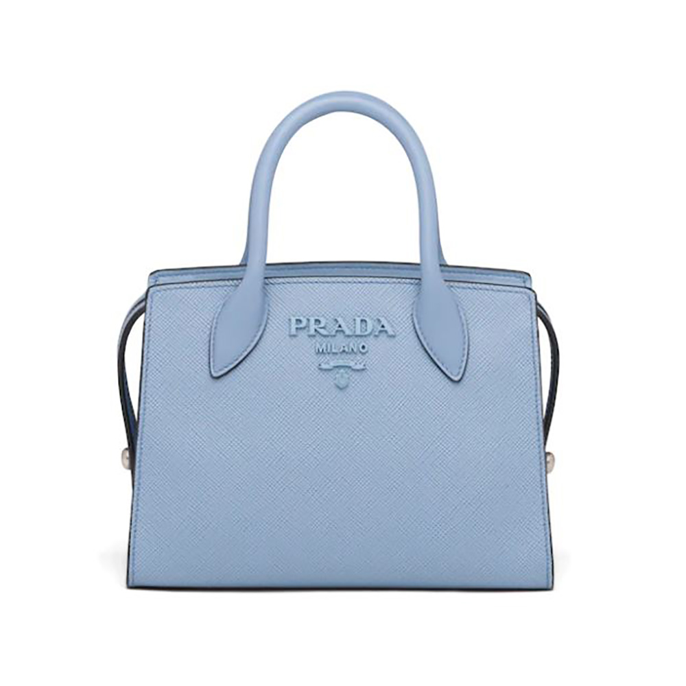 Front angle of Prada Women Saffiano Leather Prada Monochrome Bag-Blue showing logo