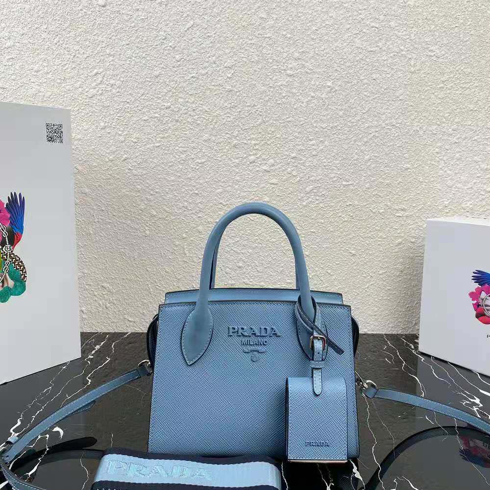 Close-up of blue saffiano leather texture on Prada Women Saffiano Leather Prada Monochrome Bag-Blue