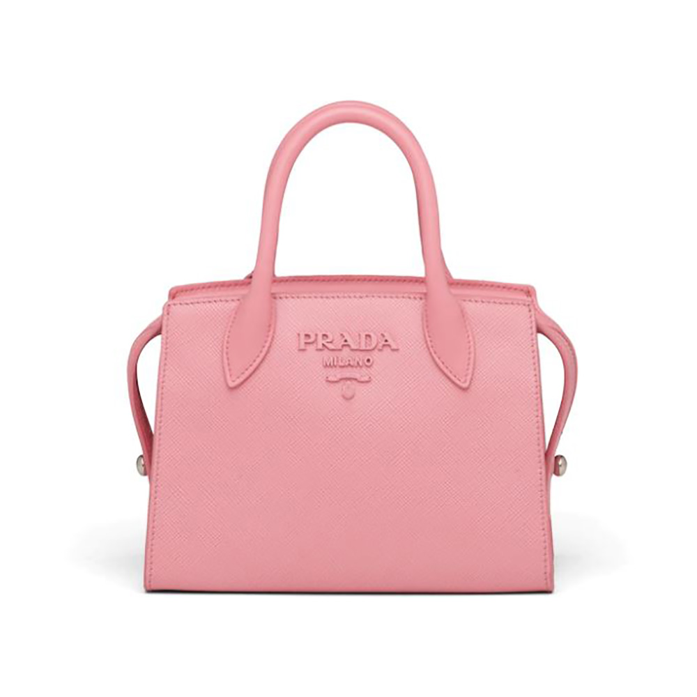 Front view of Prada Women Monochrome Saffiano Leather Bag-Pink showing zip closure