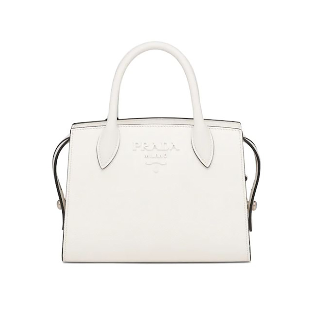 Front view of Prada Women Saffiano Leather Prada Monochrome Bag-White