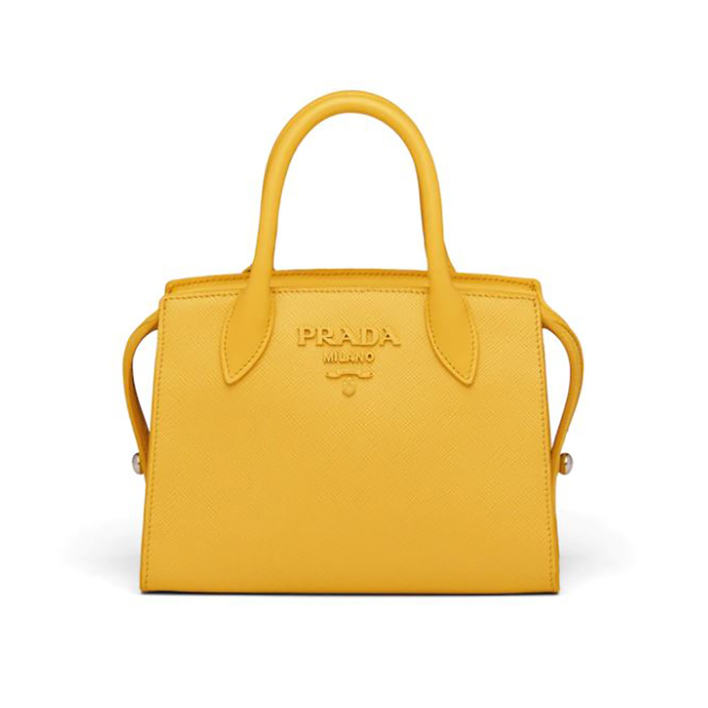 Front view of Prada Women Saffiano Leather Prada Monochrome Bag-Yellow