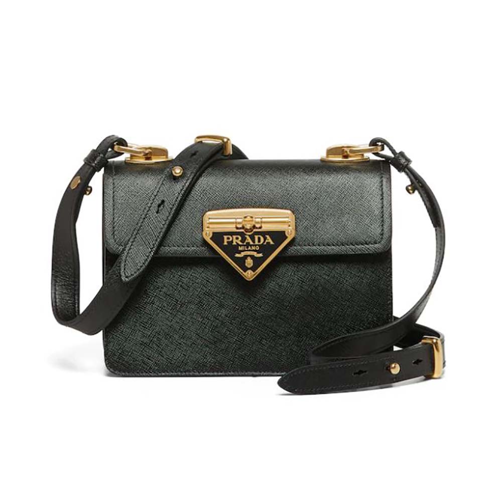 Front view of Prada Women Saffiano Leather Prada Symbole Bag-Green with flap closed