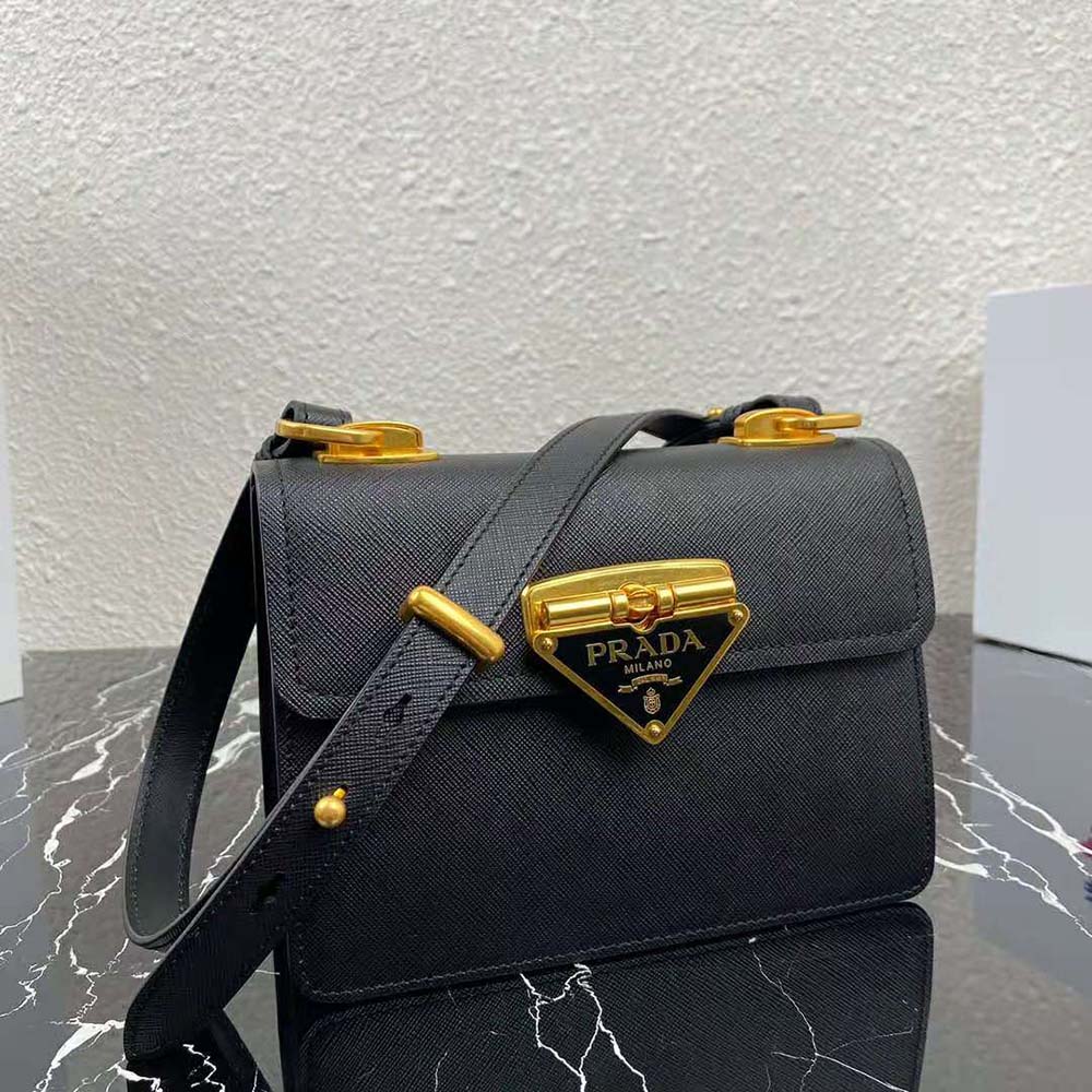 Side angle showing adjustable shoulder strap on Prada Women Saffiano Leather Prada Symbole Bag-Green