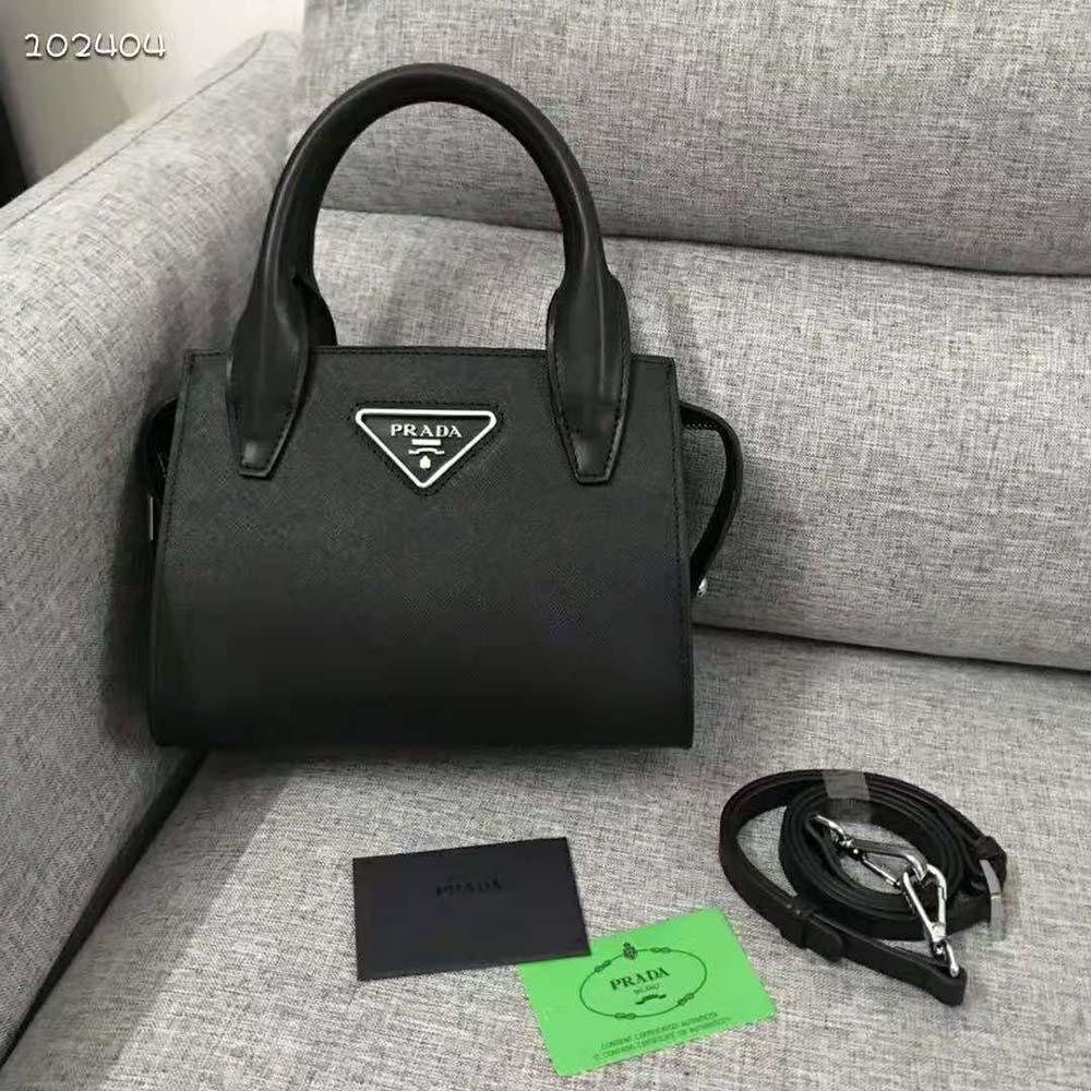 Close-up of silver-tone hardware on Prada Kristen Handbag-Black