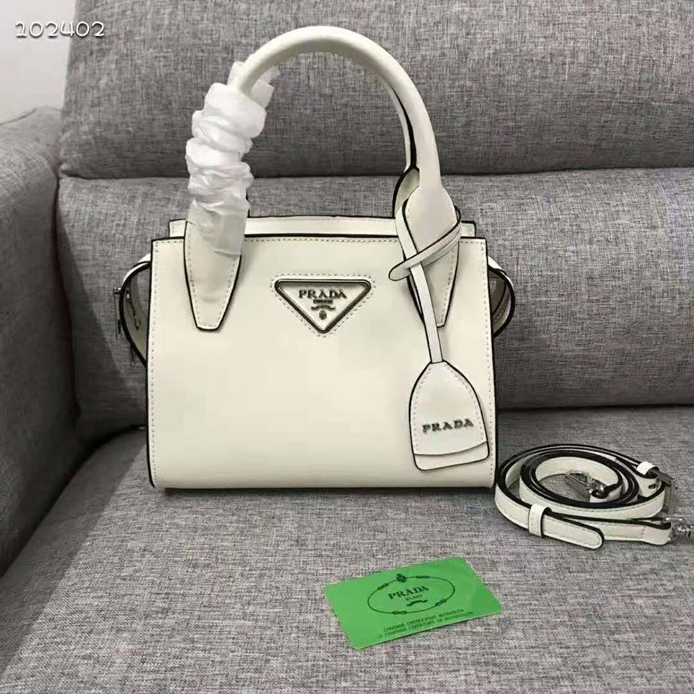 Side profile showing gold-tone hardware of Prada Kristen Handbag-White