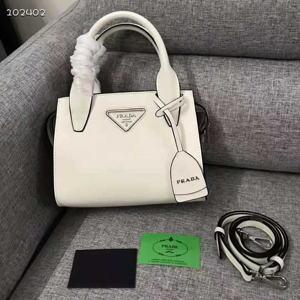 Close-up of saffiano leather texture on Prada Kristen Handbag-White