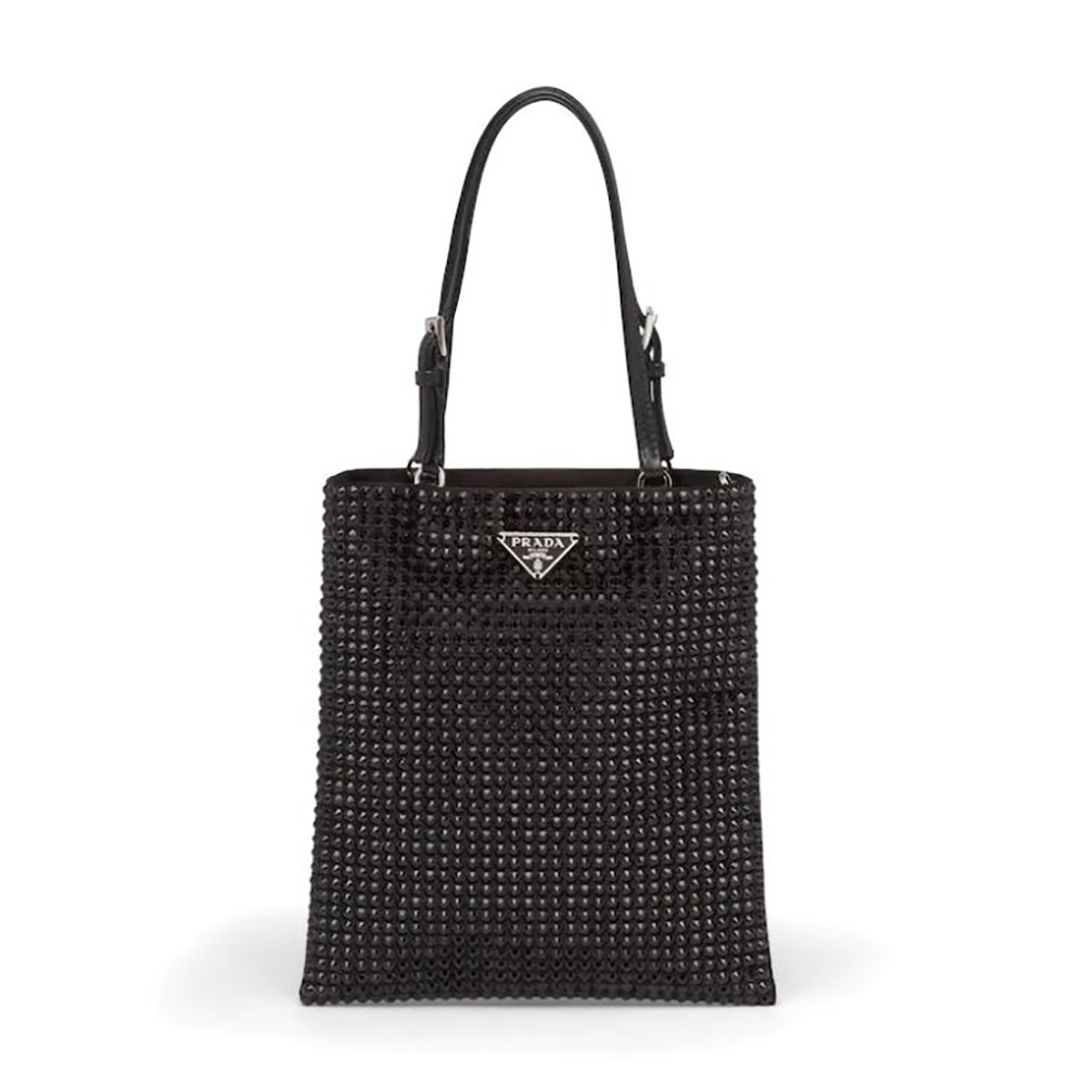 Front view of Prada Women Satin Handbag with Decoration-Black showing satin sheen