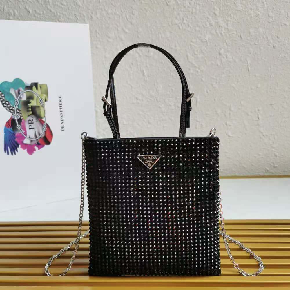 Close-up on decorative embellishment detail of Prada Women Satin Handbag with Decoration-Black