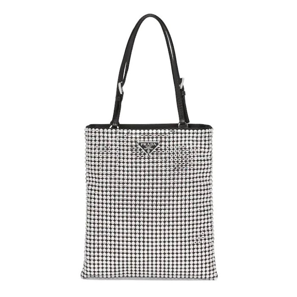 Front view of Prada Women Satin Handbag with Decoration-Silver showing elegant shimmer