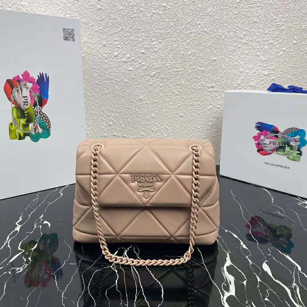 Close-up of pink nappa leather texture on Prada Spectrum Bag